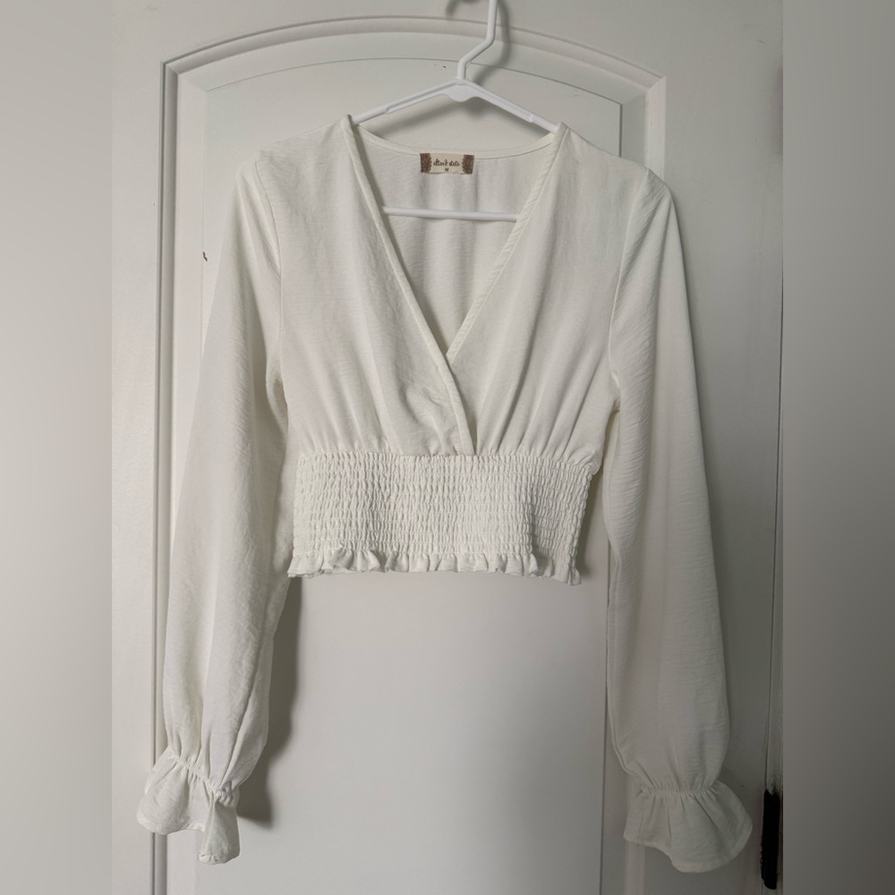 Altar'd State Cream Smocked V-Neck Blouse